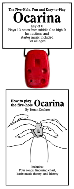 Image of Ocarina and Front Cover of Ocarina Instruction Booklet.